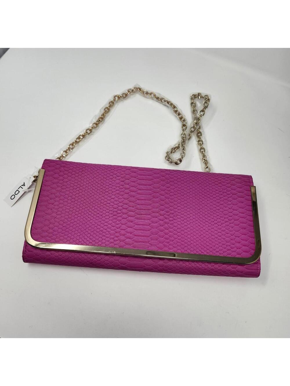 Aldo Pink Faux Snakeskin Clutch with Gold Chain 11 x 5.75 inches